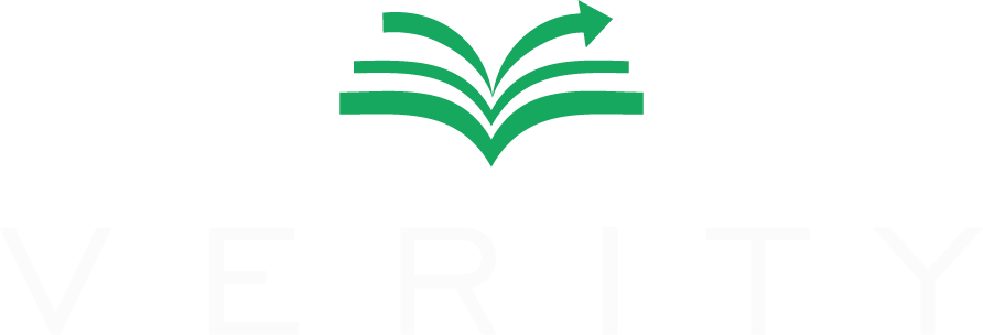 Green stylized open book with an upward arrow above the word "VERITY" in light text on a transparent background.